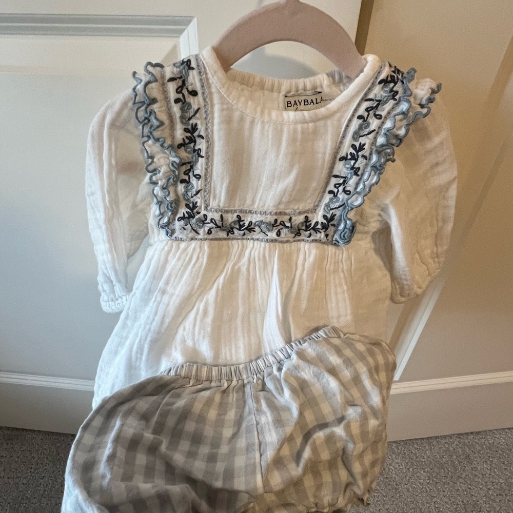 Baybala White and Blue Embroidered Kids Dress